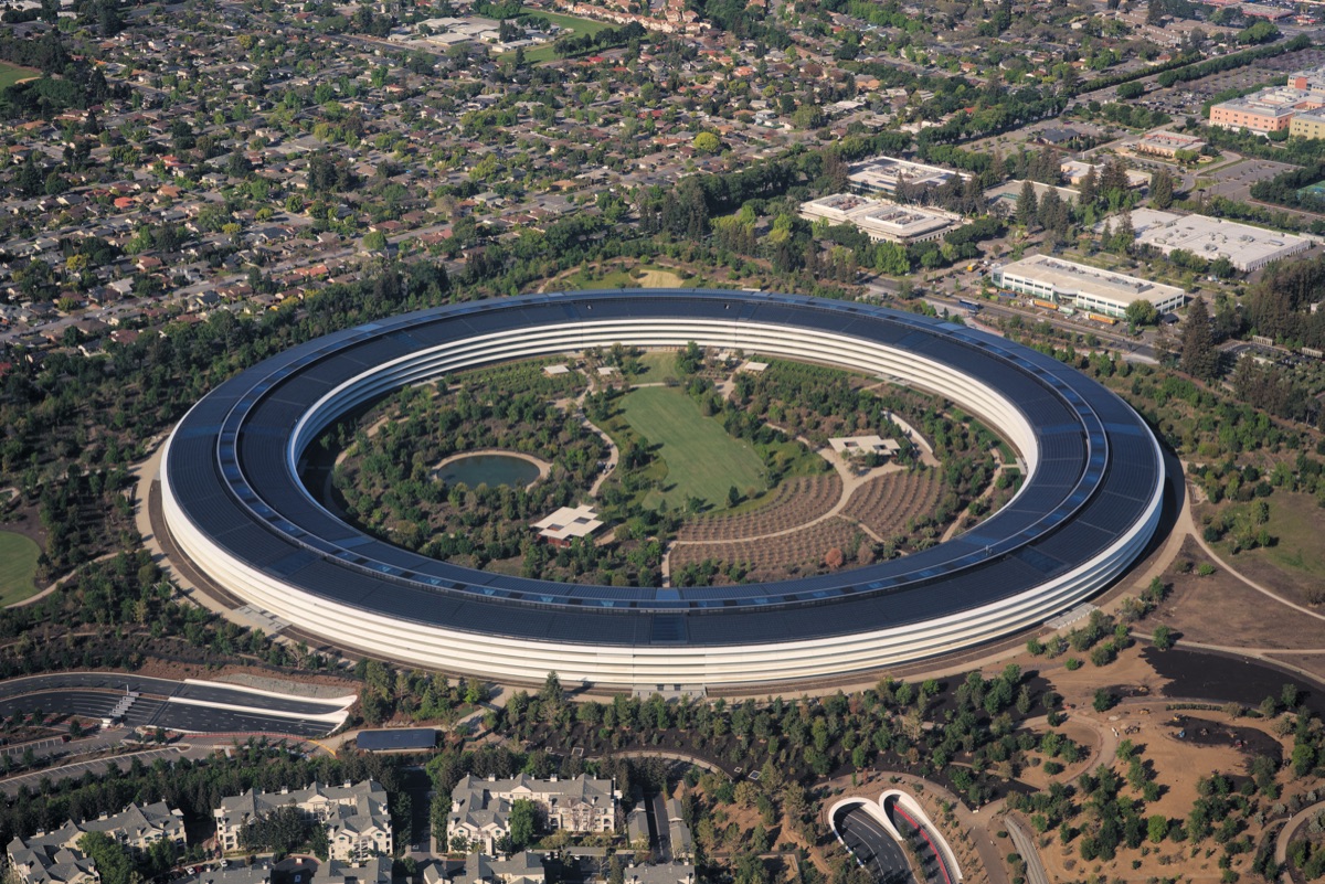 Aerial view of Apple Park, Apple's ring-shaped headquarters in Cupertino, California - a representative brand image; Apple's first foldable iPhone is reported to enter mass production in July 2026, and Apple has not shown the device officially.