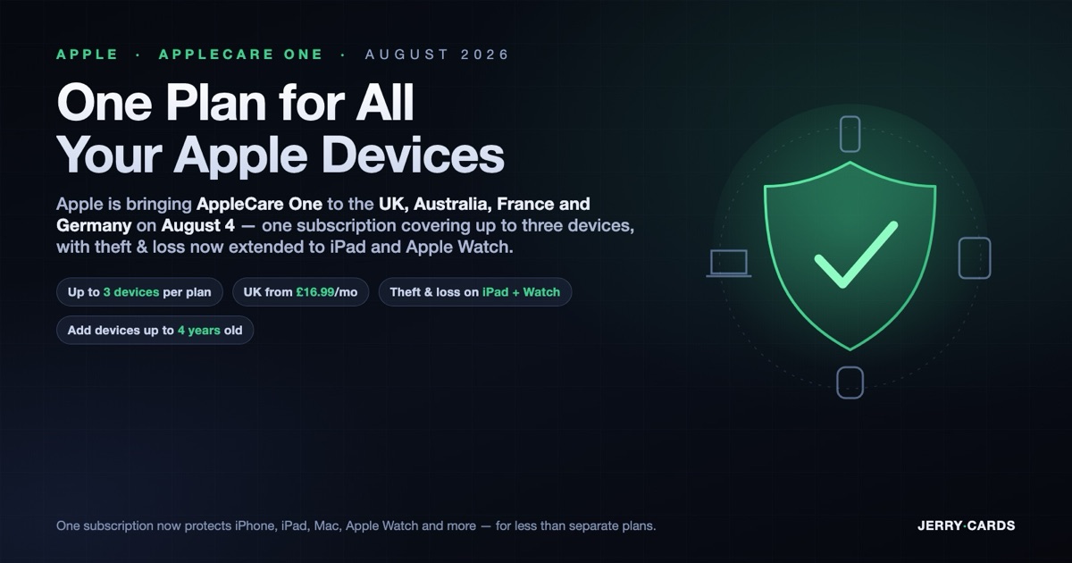 A dark-mode illustration of a glowing green protective shield with a checkmark, ringed by abstract phone, tablet, watch, and laptop icons, illustrating Apple's AppleCare One single plan expanding to the UK, Australia, France, and Germany in August 2026