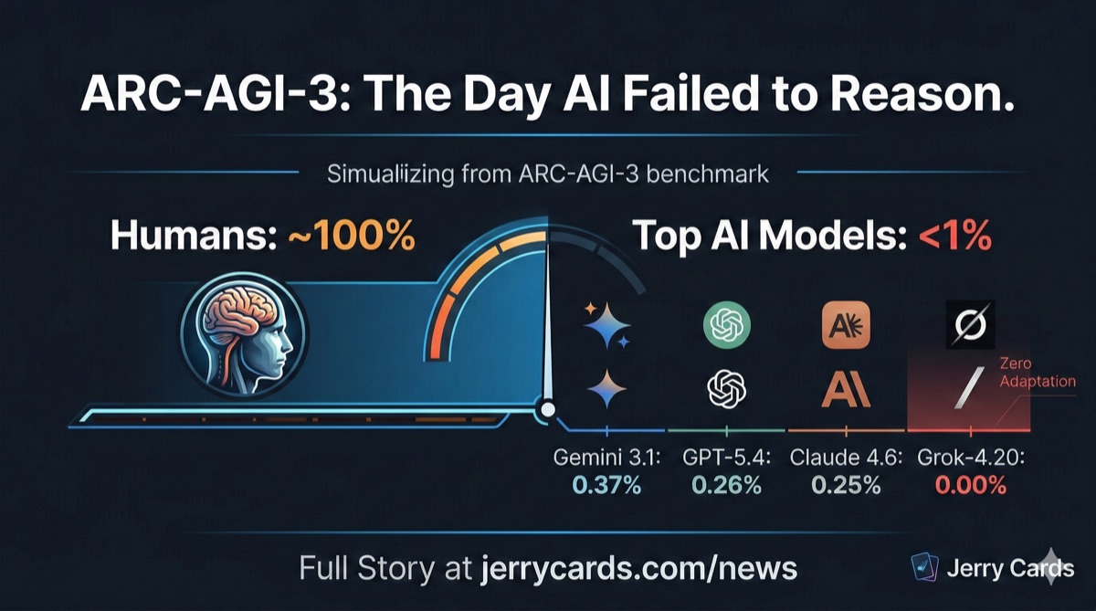 ARC-AGI-3 benchmark leaderboard showing humans at 100% and all frontier AI models below 1%