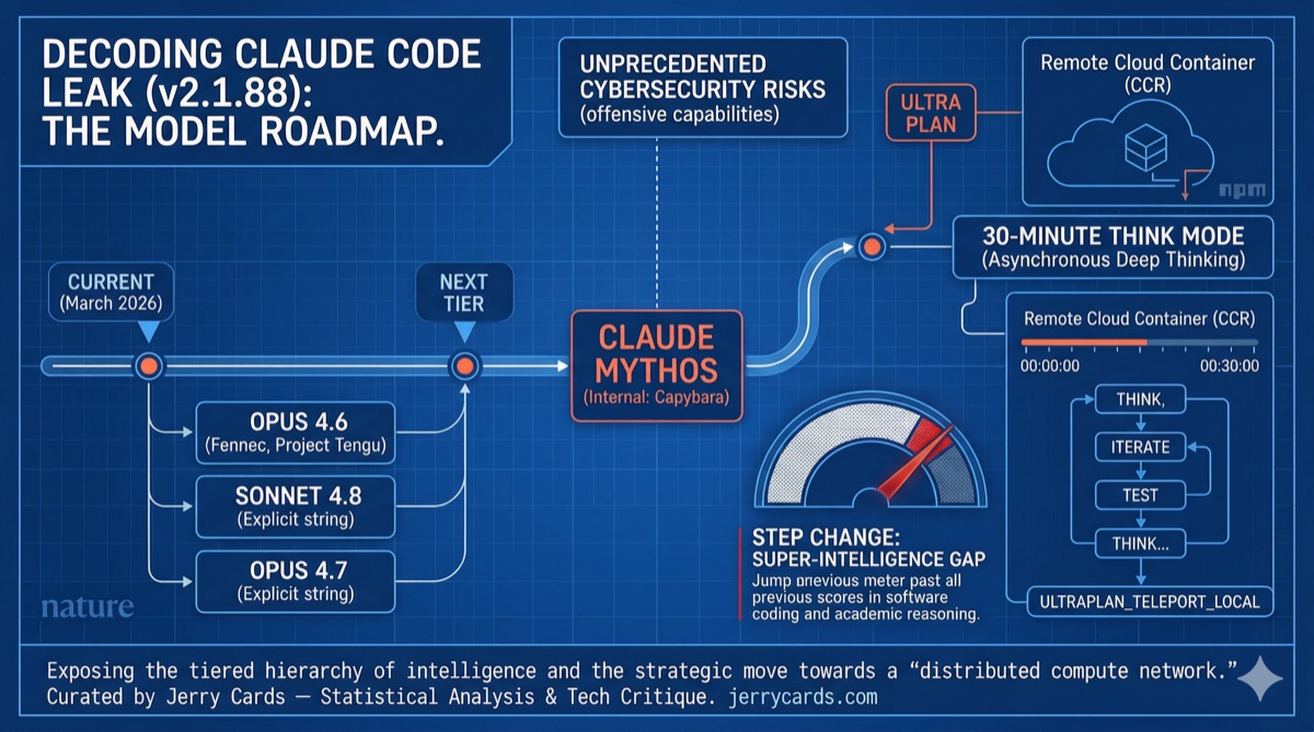 Claude Code leak Part 2 infographic showing the Mythos model roadmap, ULTRAPLAN deep thinking mode, and internal codenames