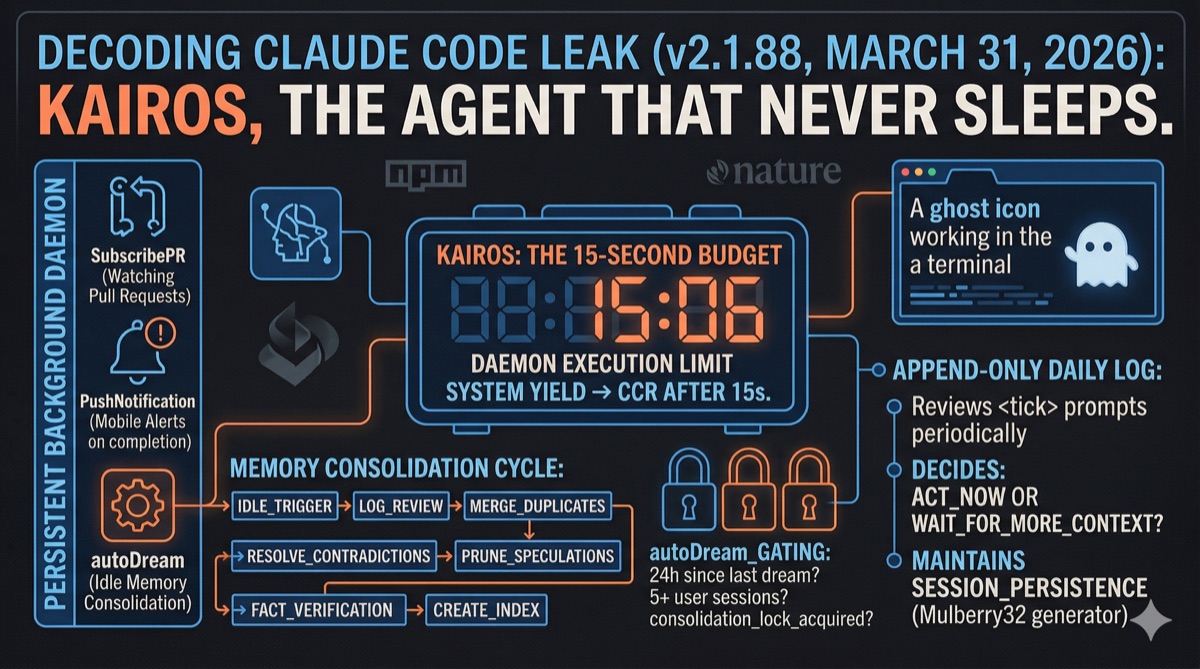 KAIROS daemon architecture infographic showing the tick loop, 15-second blocking budget, autoDream memory consolidation, and always-on agent concept