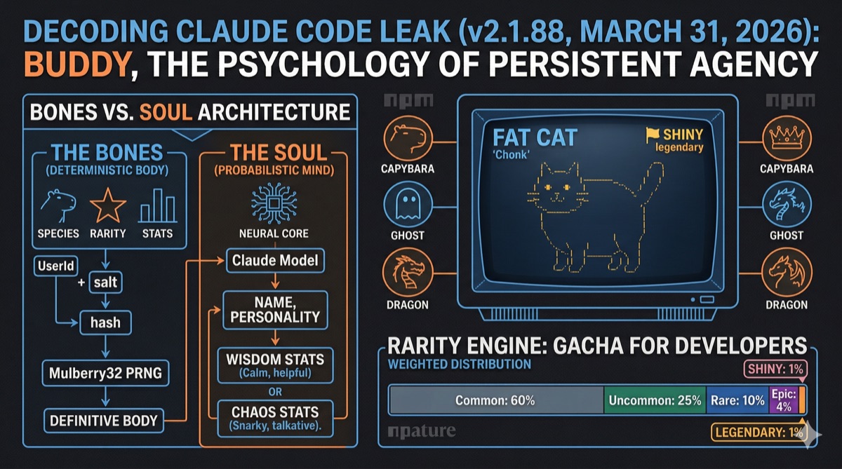 Claude Code Buddy system infographic showing the Bones vs Soul architecture, 18 species, rarity engine, and ASCII art terminal pet