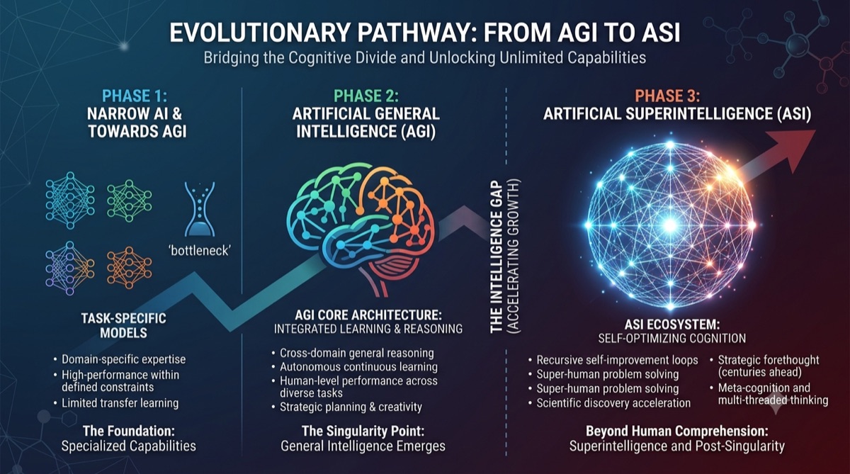 Infographic of the evolutionary pathway from Narrow AI to AGI to Artificial Superintelligence (ASI), illustrating Google DeepMind's roadmap paper