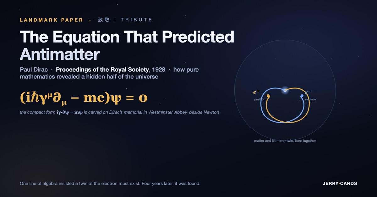 A dark-mode tribute hero showing Dirac's 1928 equation for the electron, (ihbar gamma^mu d_mu - mc)psi = 0, beside a cloud-chamber-style diagram of an electron and its antimatter twin, the positron, curving in opposite directions from a shared point of origin.