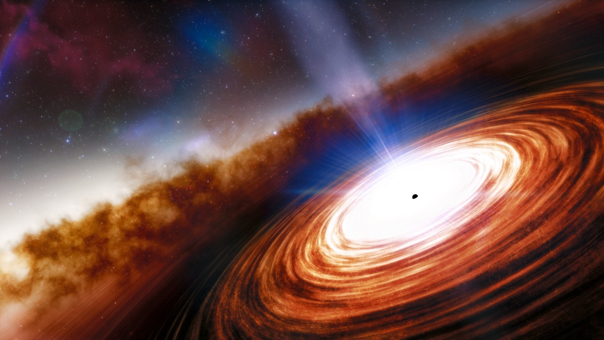 Artist's impression of a distant quasar - a supermassive black hole surrounded by a glowing accretion disk and high-velocity winds - illustrating the record-breaking early-universe quasars discovered by ESA's Euclid telescope