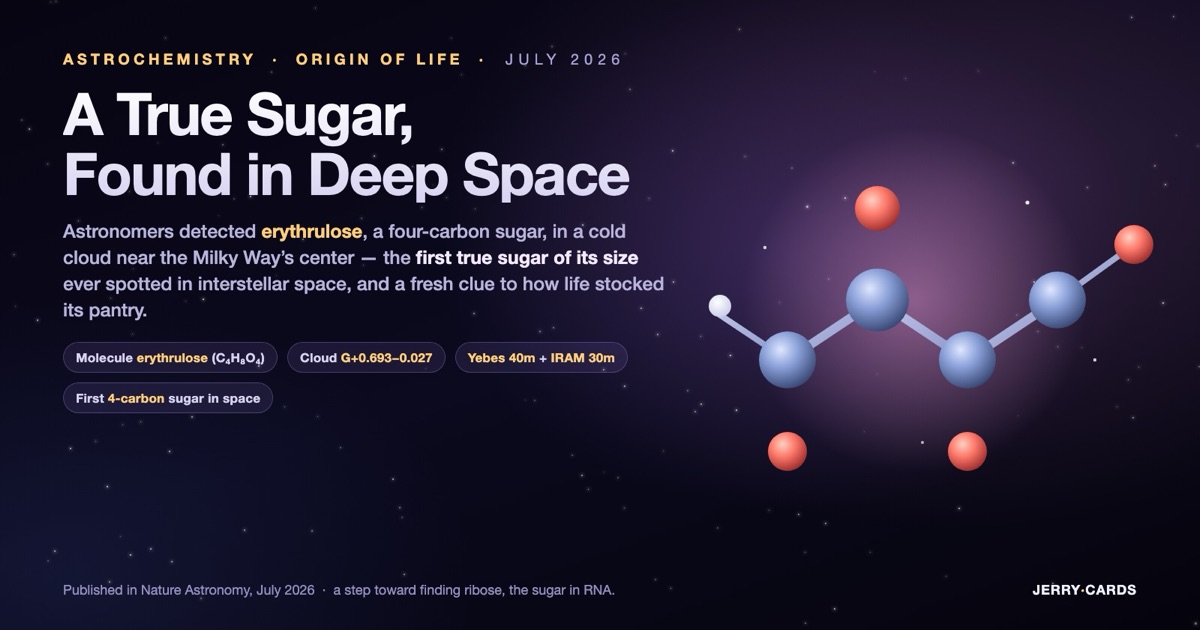 A dark-mode illustration of a four-carbon sugar molecule (erythrulose) glowing against a starfield, representing the first true sugar of its size detected in interstellar space near the Milky Way's center.