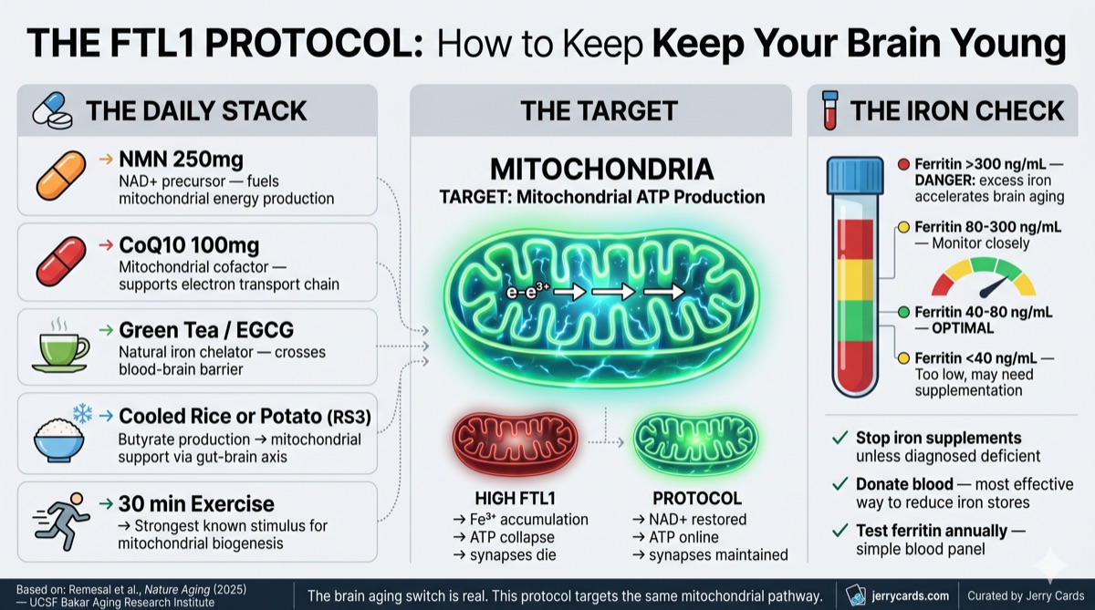 FTL1 Protocol infographic showing the daily stack for brain longevity including NMN, CoQ10, green tea, cooled rice, and exercise targeting mitochondrial ATP production