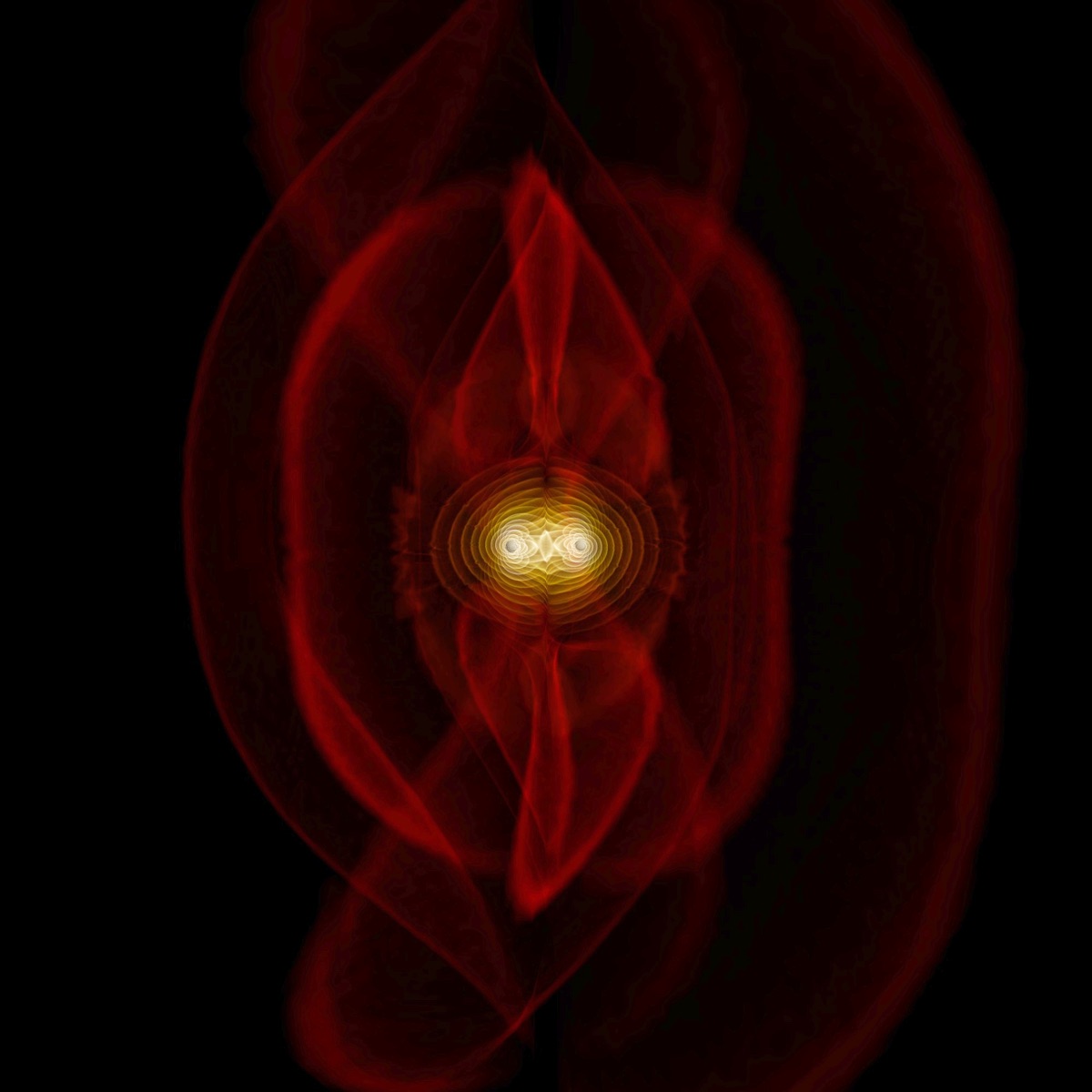 NASA supercomputer simulation of two black holes spiraling together and merging while emitting gravitational waves, illustrating the LIGO-Virgo-KAGRA GWTC-5.0 catalog and its clearest-ever signal, GW250114.