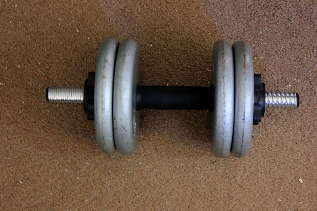 A dumbbell resting on the floor, illustrating a Harvard study on the strength-training sweet spot for a longer life