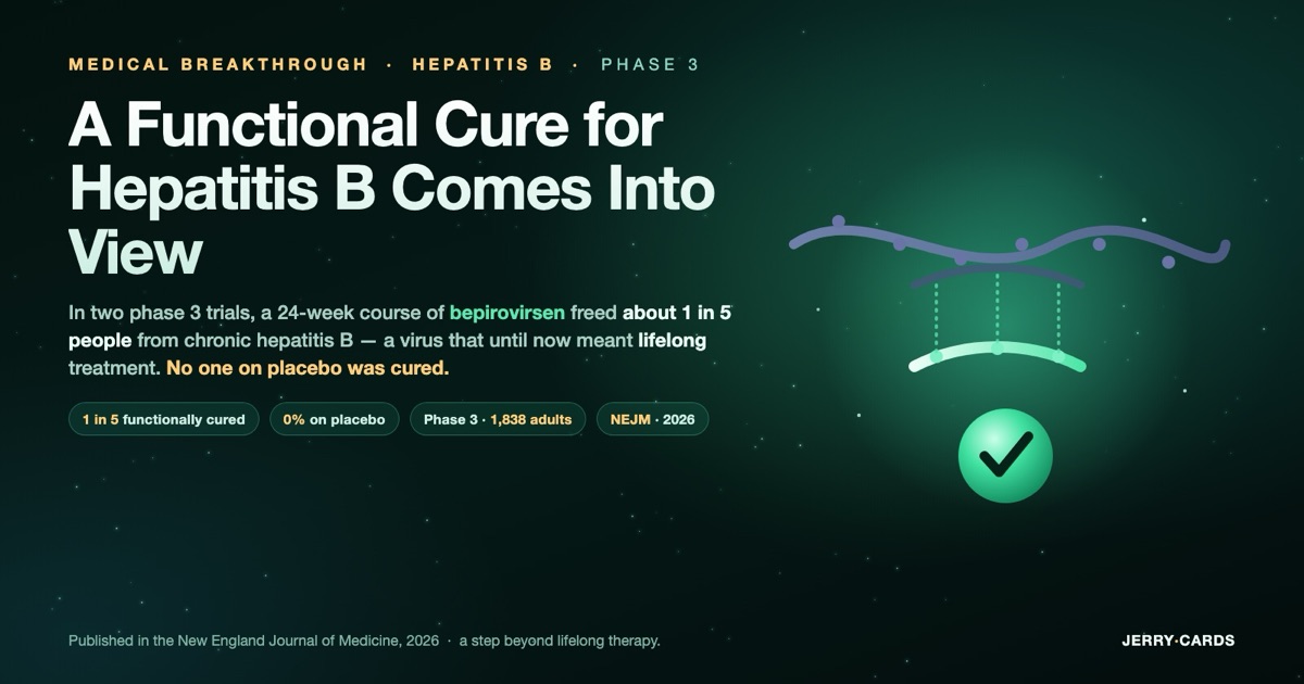 Informational dark-mode illustration for JerryCards summarizing the phase 3 bepirovirsen results for hepatitis B - a functional cure in about 1 in 5 patients and 0% on placebo; a stylized antisense strand silencing viral RNA. Not a photograph.