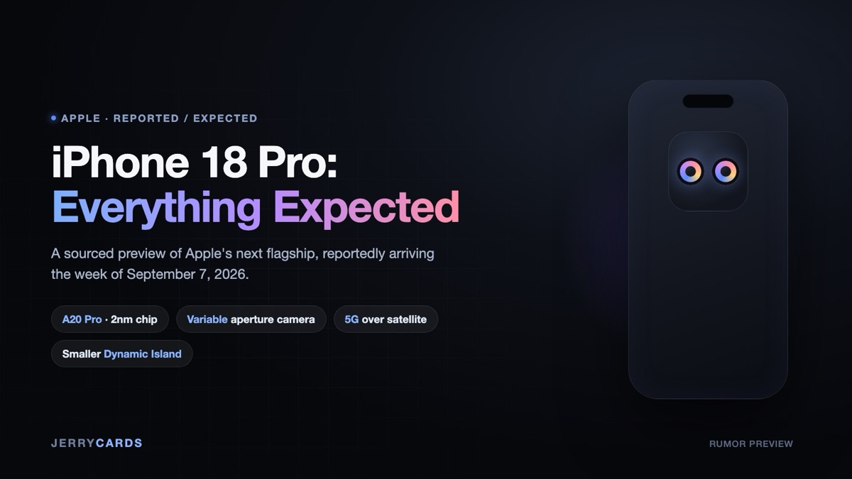 Dark-mode concept hero for a JerryCards preview of Apple's rumored iPhone 18 Pro, highlighting the A20 Pro chip, variable-aperture camera, and satellite 5G