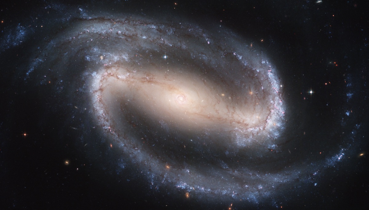 Hubble Space Telescope image of the nearby barred spiral galaxy NGC 1300, used as a representative illustration of a barred spiral's structure - a bright central bar feeding two sweeping arms. It is NOT the newly found z = 5.102 galaxy M1149-BSG-z5, which appears only as a faint smudge to JWST.