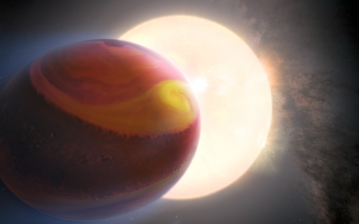 Artist's impression of the ultra-hot exoplanet WASP-121 b (Tylos), whose dawn and dusk skies JWST mapped separately for the first time. Credit: NASA, ESA, Q. Changeat et al., M. Zamani (ESA/Hubble).