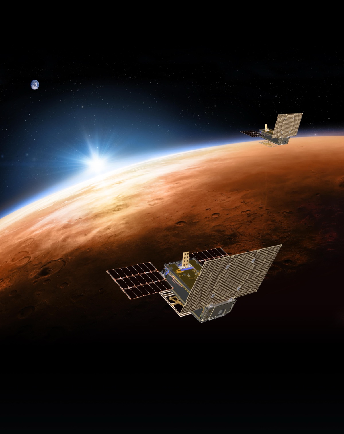 NASA/JPL-Caltech artist concept of the twin briefcase-sized MarCO CubeSats flying past Mars with Earth in the distance, illustrating how small satellites could reach the Red Planet - a journey made more feasible by MIT's one-fuel dual-mode green propulsion system