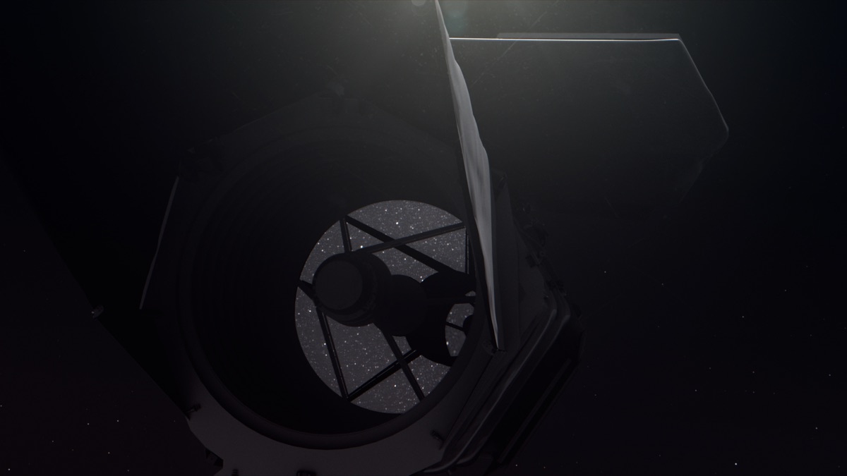 Artist's illustration of NASA's Nancy Grace Roman Space Telescope in orbit against a starfield, its barrel-shaped observatory shielding a 2.4-meter mirror and 300-megapixel Wide Field Instrument.