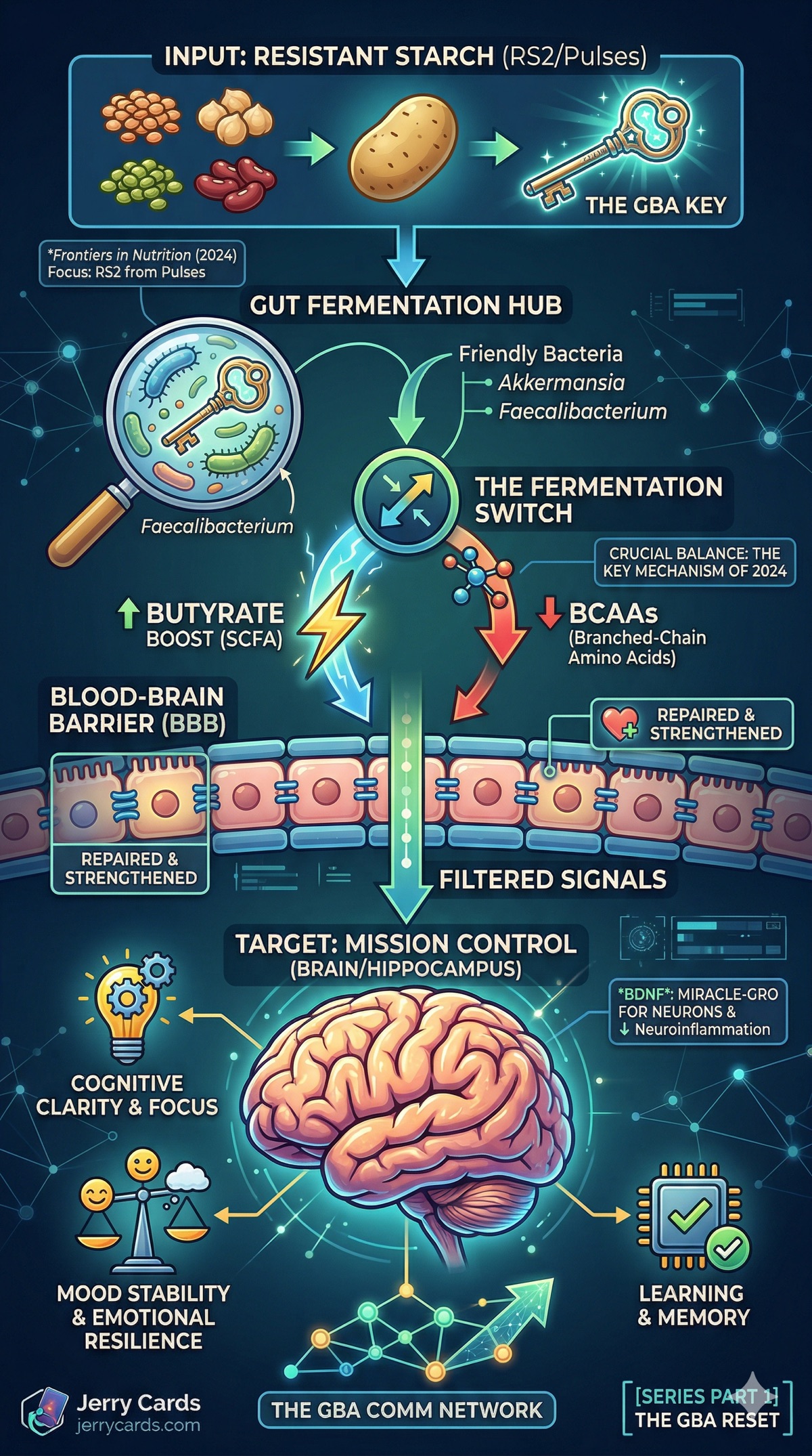 Infographic showing the resistant starch gut-brain axis pathway from dietary pulses through microbiome fermentation to brain health