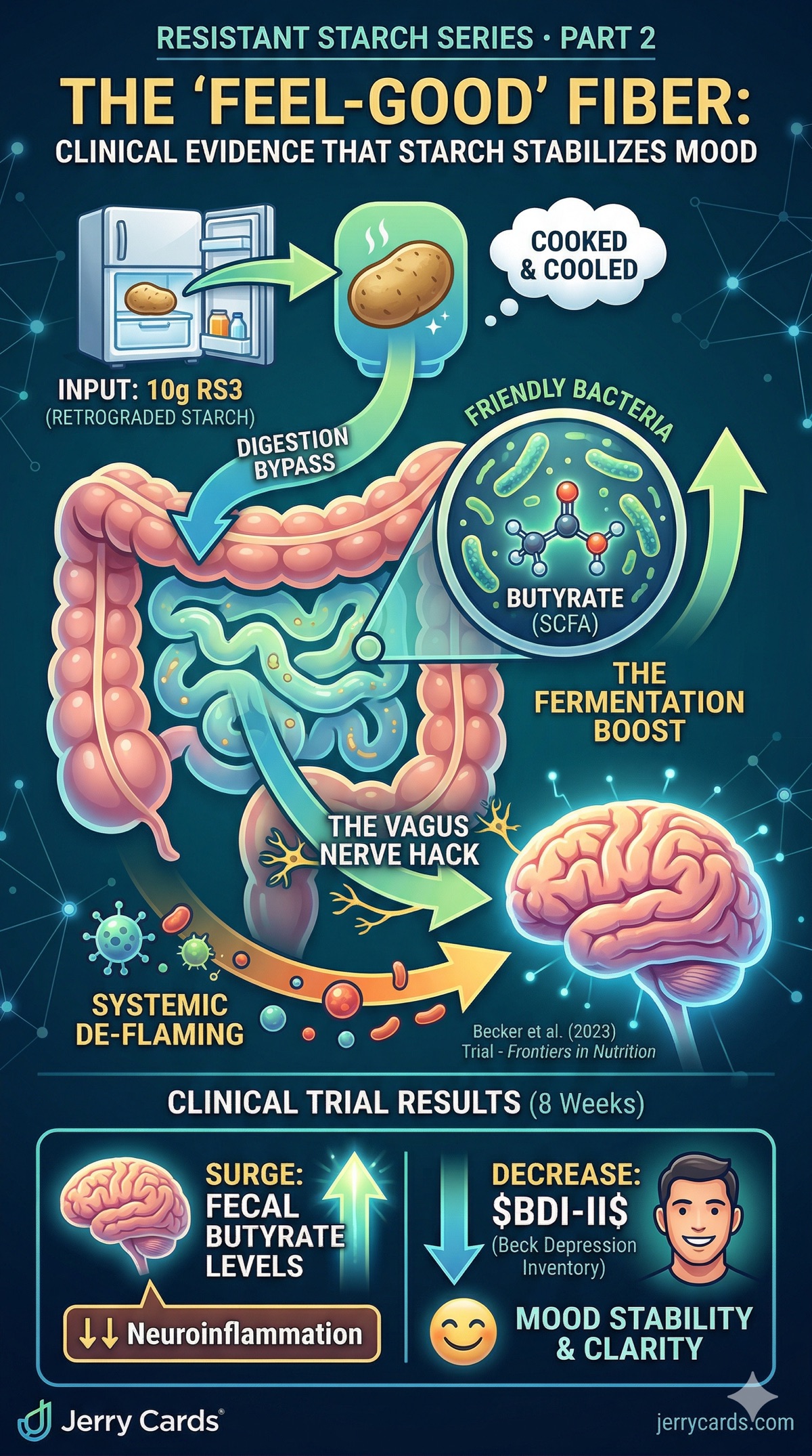 Resistant starch Part 2 infographic showing the RESISTA-PD clinical trial results and the butyrate-mood pathway from gut to brain