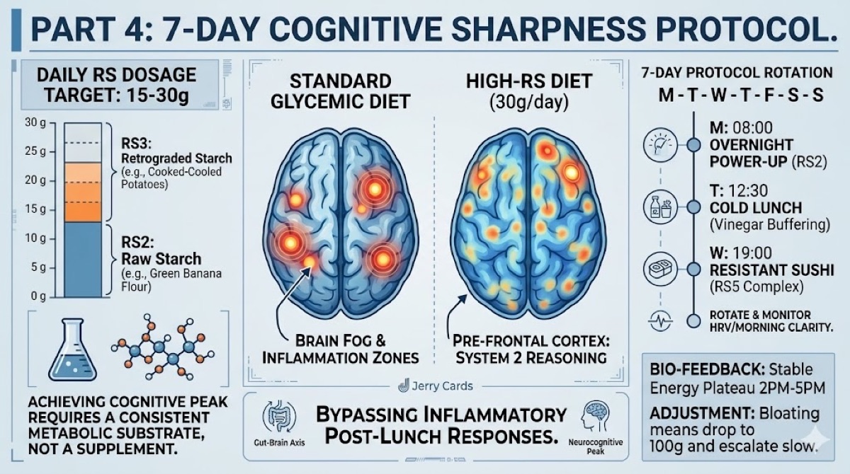 7-Day Brain Sharpness Protocol dashboard showing daily RS dosing targets, brain activity comparison, and weekly meal rotation plan