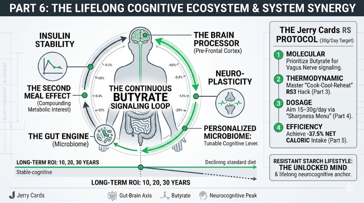 Lifelong Cognitive Ecosystem infographic showing the continuous butyrate signaling loop between gut and brain with 10-20-30 year ROI timeline