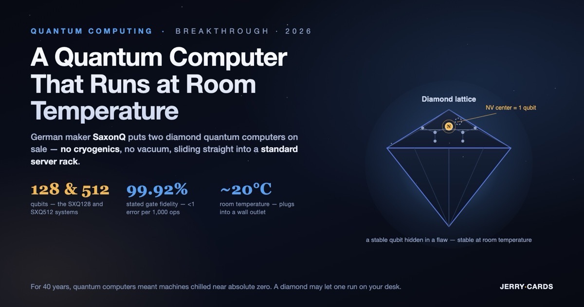 A dark-mode hero illustration of a cut diamond with a highlighted nitrogen-vacancy (NV) center - a single nitrogen atom beside an empty lattice site - labeled as one qubit, alongside the headline that SaxonQ has launched room-temperature diamond quantum computers with 128 and 512 qubits. A designed diagram, not a photograph.