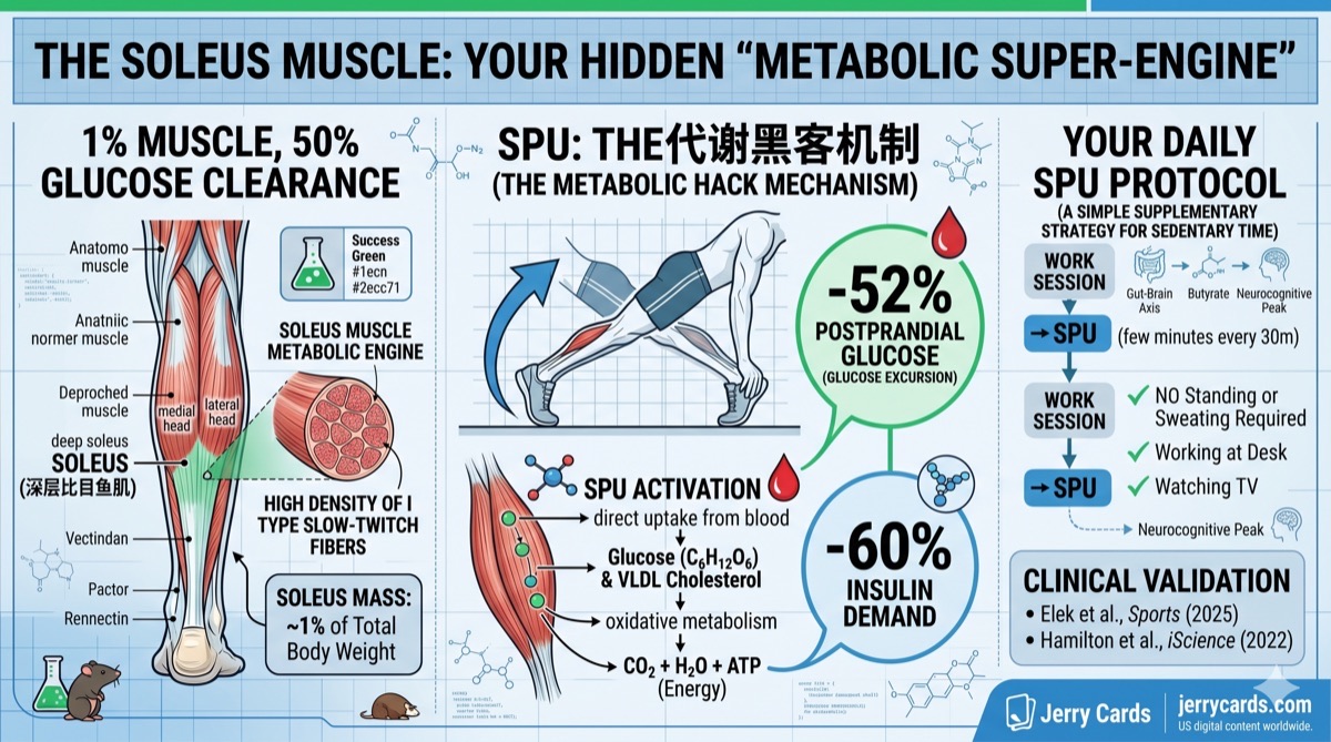 Clinical dashboard infographic showing the soleus muscle anatomy, the soleus push-up motion, and the metabolic effects including 52 percent reduction in postprandial glucose and 60 percent reduction in insulin demand
