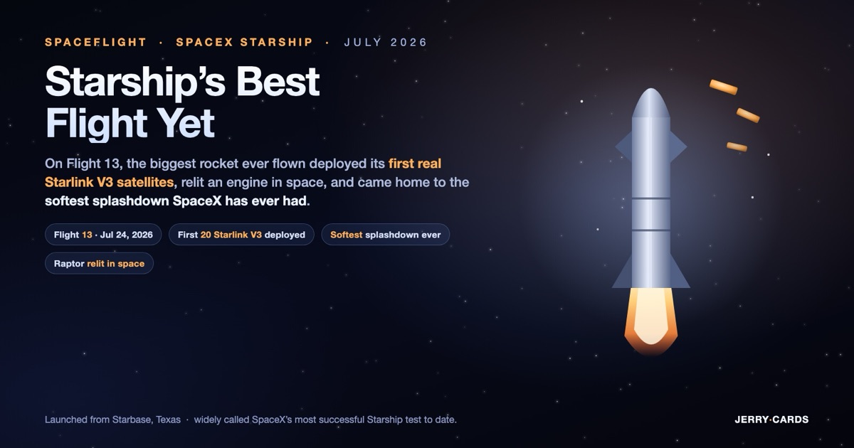 A dark-mode illustration (not a photograph) of a SpaceX Starship ascending on an orange exhaust plume against a starfield, releasing small Starlink satellites, with stat chips reading Flight 13, first 20 Starlink V3 deployed, softest splashdown ever, and Raptor relit in space.
