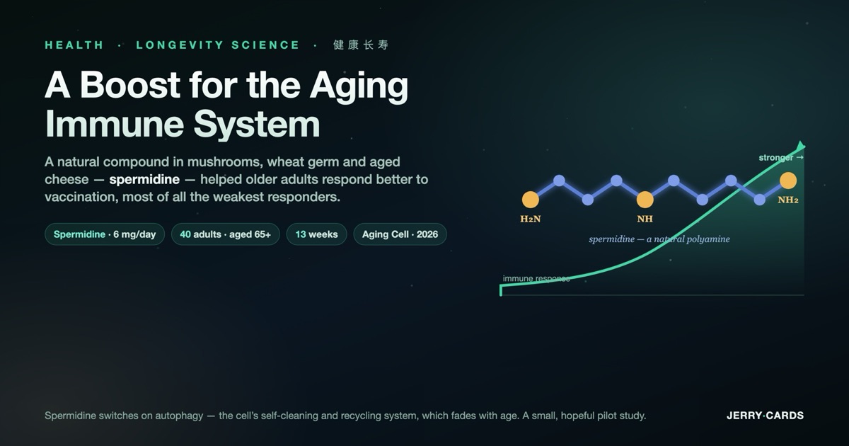 A dark-mode health hero: a stylized spermidine molecule (a glowing chain of linked nitrogen and carbon atoms) beside a soft rising curve labeled 'immune response,' with stat chips reading spermidine 6 mg/day, 40 adults aged 65+, 13 weeks, and Aging Cell 2026 - Max Delbrueck Center and Oxford. The chart is an illustrative concept, not real trial data.