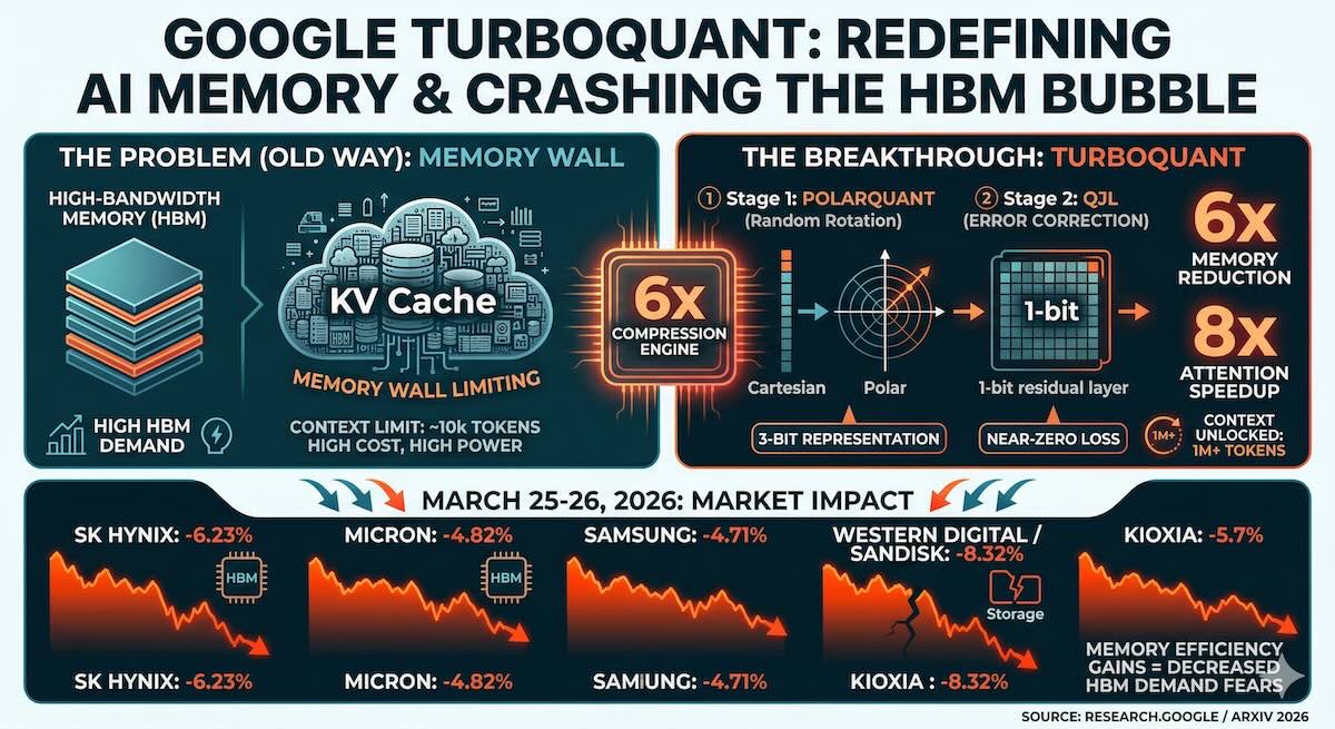 Google TurboQuant infographic showing 6x memory reduction, 8x speed boost, and market impact on semiconductor stocks