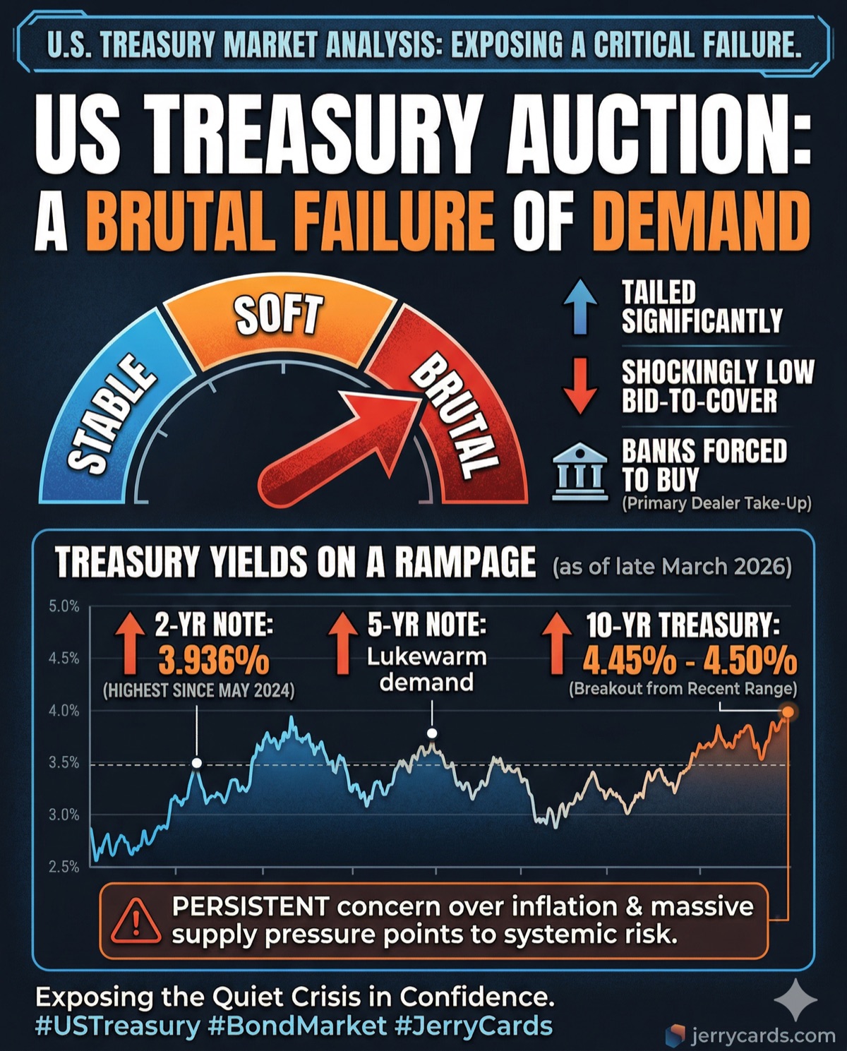 US Treasury auction analysis infographic showing brutal failure of demand with yield data and bid-to-cover metrics