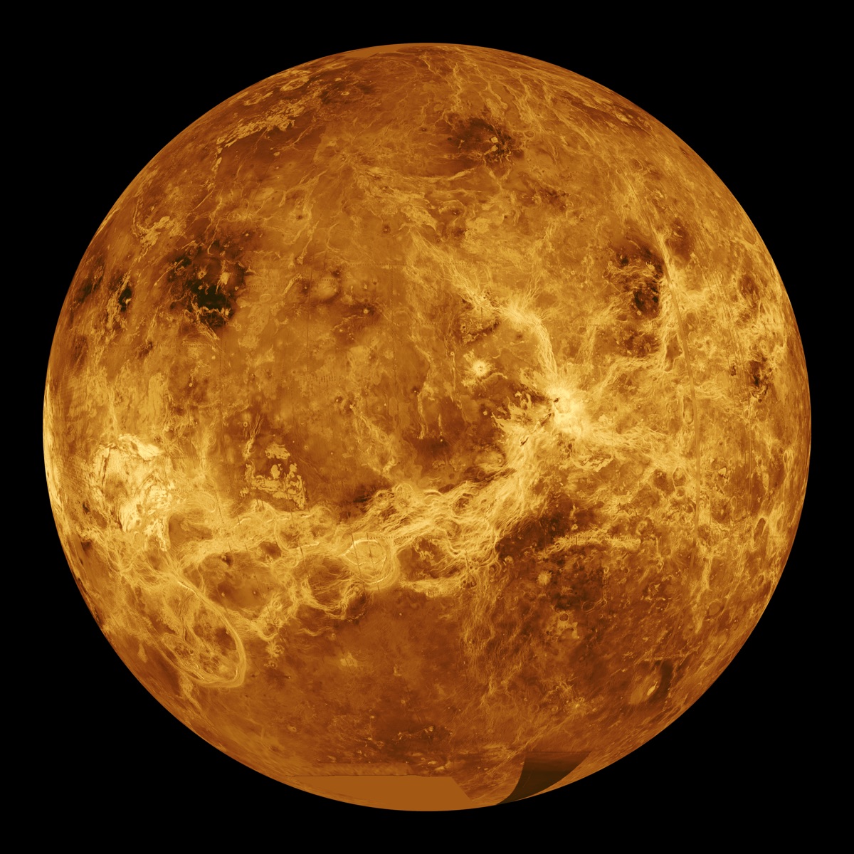 Computer-simulated global view of Venus built from NASA Magellan radar data, illustrating a new ETH Zurich study finding that Venus is still geologically active